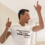 purpose in life man wearing happy t-shirt