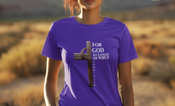 woman in purple shirt with cross design and john 3:16 verse