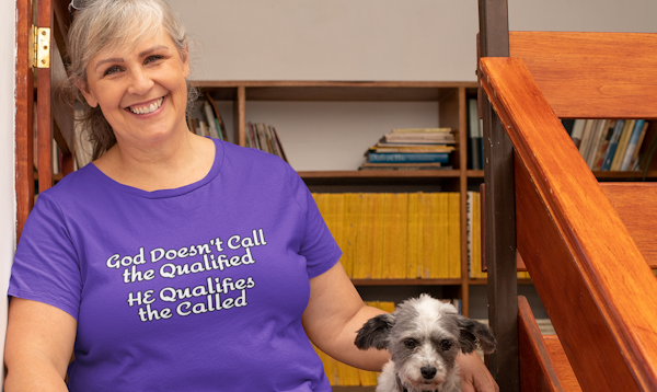 how to build confidence-confident older woman in purple tee with white lettering