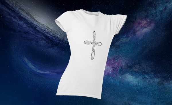 white t-shirt with cross design floating in space